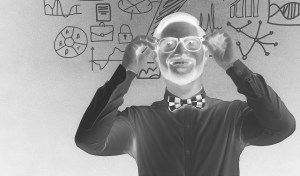 Businessman with lightning and business icons