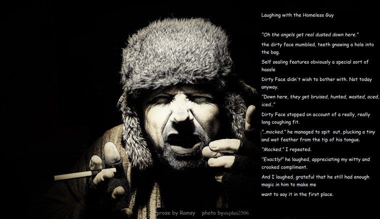 Close up portrait image of a homeless mature man, holding a cigarette and shouting.