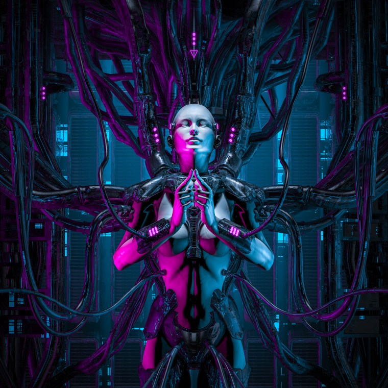The quantum zen queen / 3D illustration of female android hardwired to computer core