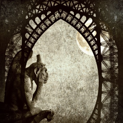 Full moon / Textured grunge paper background with Paris architecture vintage style - Chimera (demon) of Parisian Notre Dame, full moon and Eiffel Tower profile