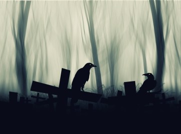 Crow sitting on a gravestone silhouette abstract background.