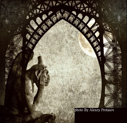 Full moon / Textured grunge paper background with Paris architecture vintage style - Chimera (demon) of Parisian Notre Dame, full moon and Eiffel Tower profile