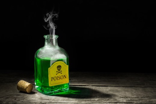 The poison is a green liquid in a glass vial. A deadly potion with a skull and bones on the label. Copy space for text. 3D rendering