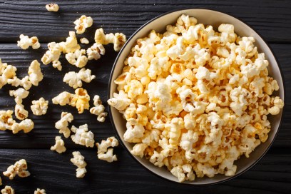 popcorn cheese in a bowl closeup. Horizontal top view