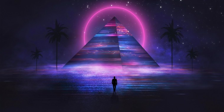 Futuristic abstract night neon background. Light pyramid in the center. Night view of the pyramid illumination. Neon lights reflected on wet asphalt.