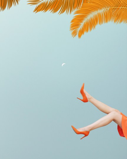Surreal imaginary scene with a woman with her legs in the air, evening sky with quarter moon. Orange palm leaves in the background